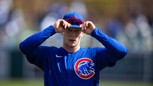 Feb 26, 2023; Phoenix, Arizona, USA; Chicago Cubs outfielder Pete Crow-Armstrong against the Los Angeles Dodgers during a spring training game at Camelback Ranch-Glendale. Mandatory Credit: Mark J. Rebilas-USA TODAY Sports